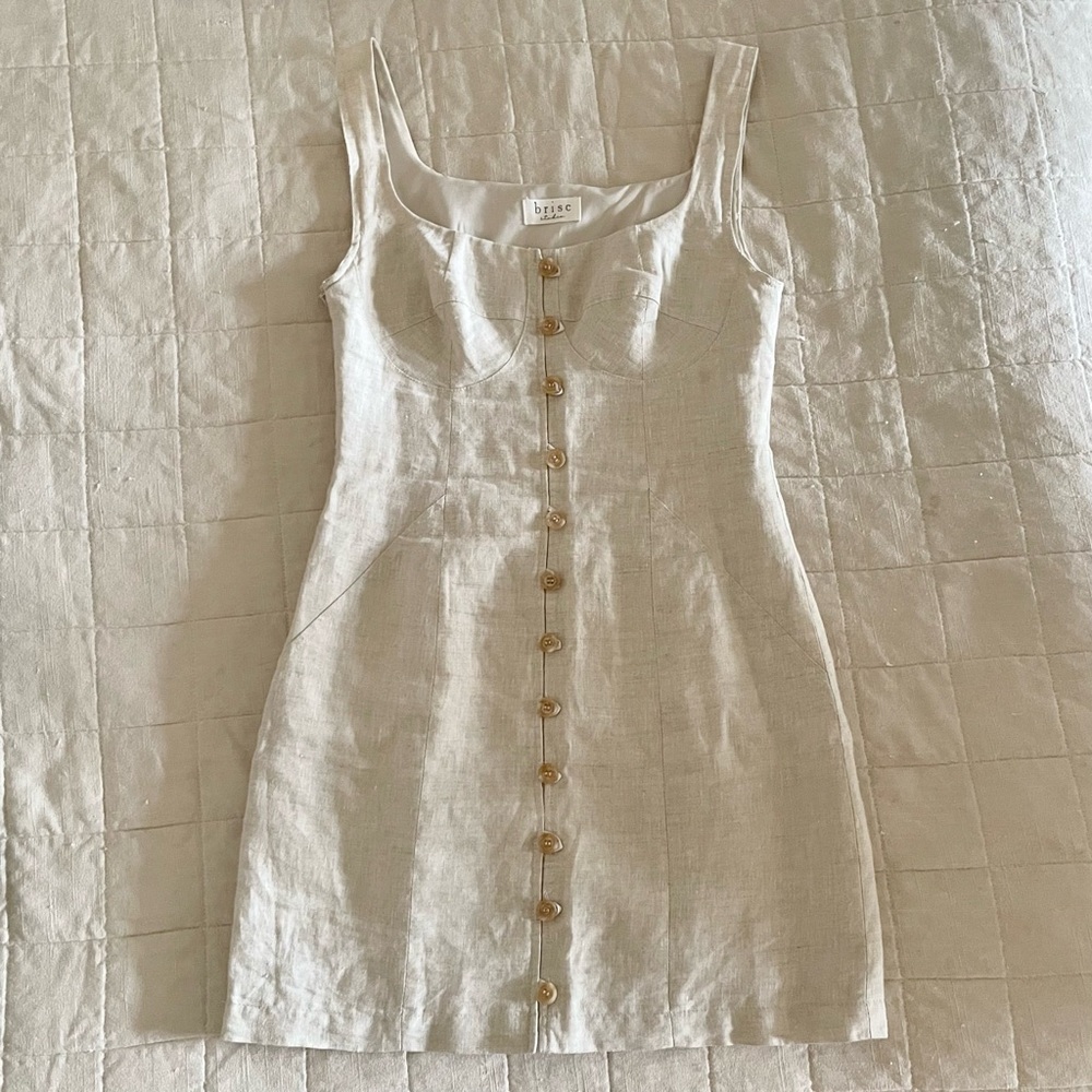 100% Linen Button Dress in Natural/Light Tan